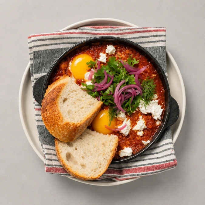 Шакшука с рассольным сыром и маринованным луком