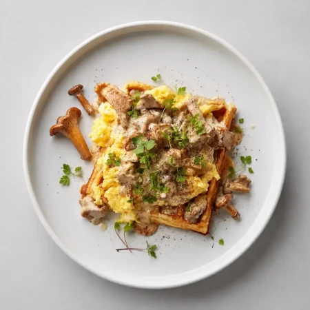 Картофельная вафля со скрэмблом и лисичками в сливочном соусе