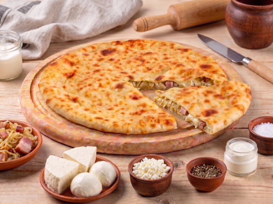 Осетинский пирог с капустой, копченой грудинкой и сыром