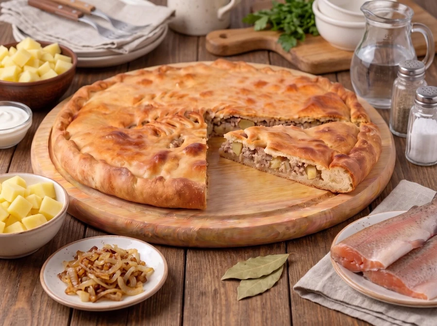 Пирог с форелью и рубленным картофелем 