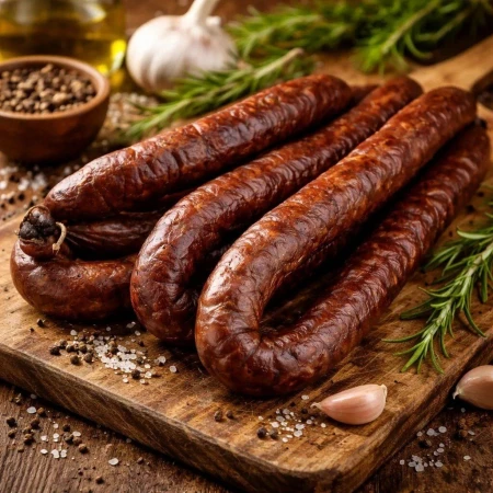Печеночные колбаски с жареным луком 