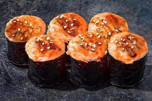 ЗАПЕЧЕННЫЕ МИНИ РОЛЛЫ С ЛОСОСЕМ ПОД СОУСОМ