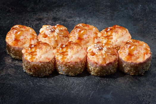 ЗАПЕЧЕННЫЙ РОЛЛ С ЛОСОСЕМ И КРЕВЕТКОЙ