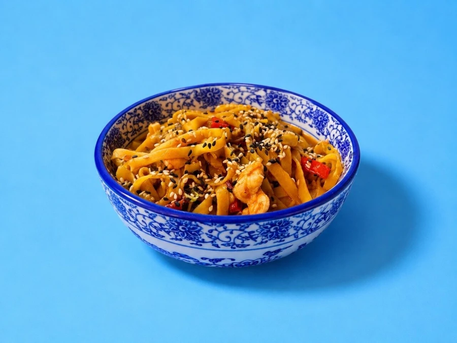 Лапша яичная с курицей и креветками