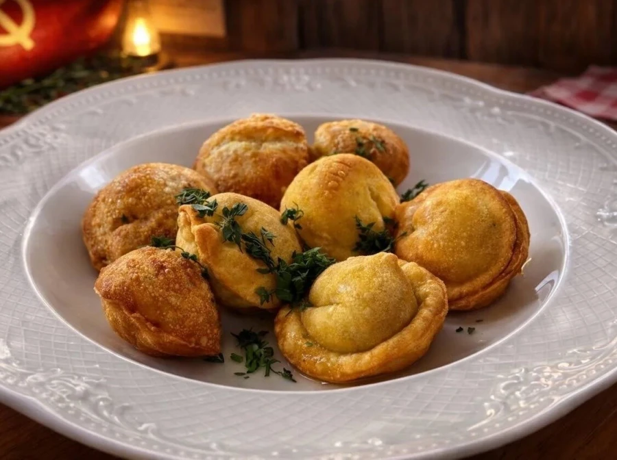 Пельмени из утки, жаренные с клюквеным соусом