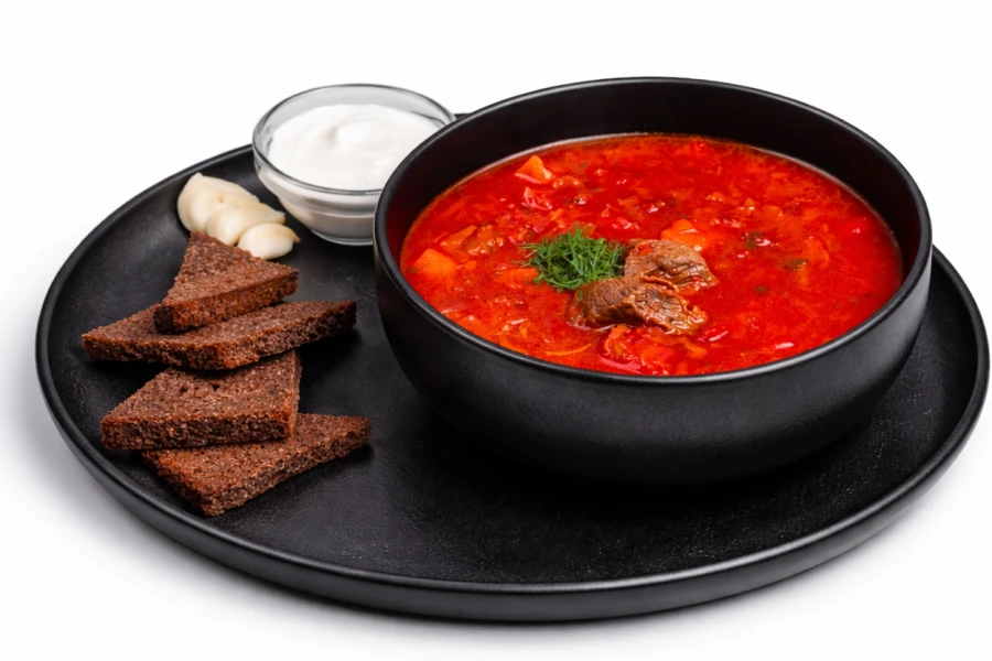 Борщ красный со сметаной, чесноком и салом