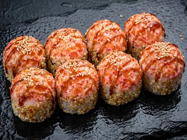 ЗАПЕЧЕННЫЙ РОЛЛ С ОСТРЫМ ЛОСОСЕМ И КРАБОМ